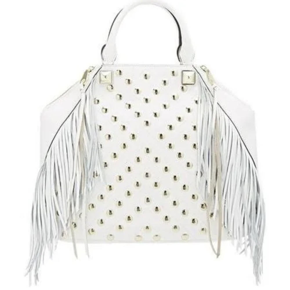 Rebecca Minkoff white leather studded fringe Rylan tote